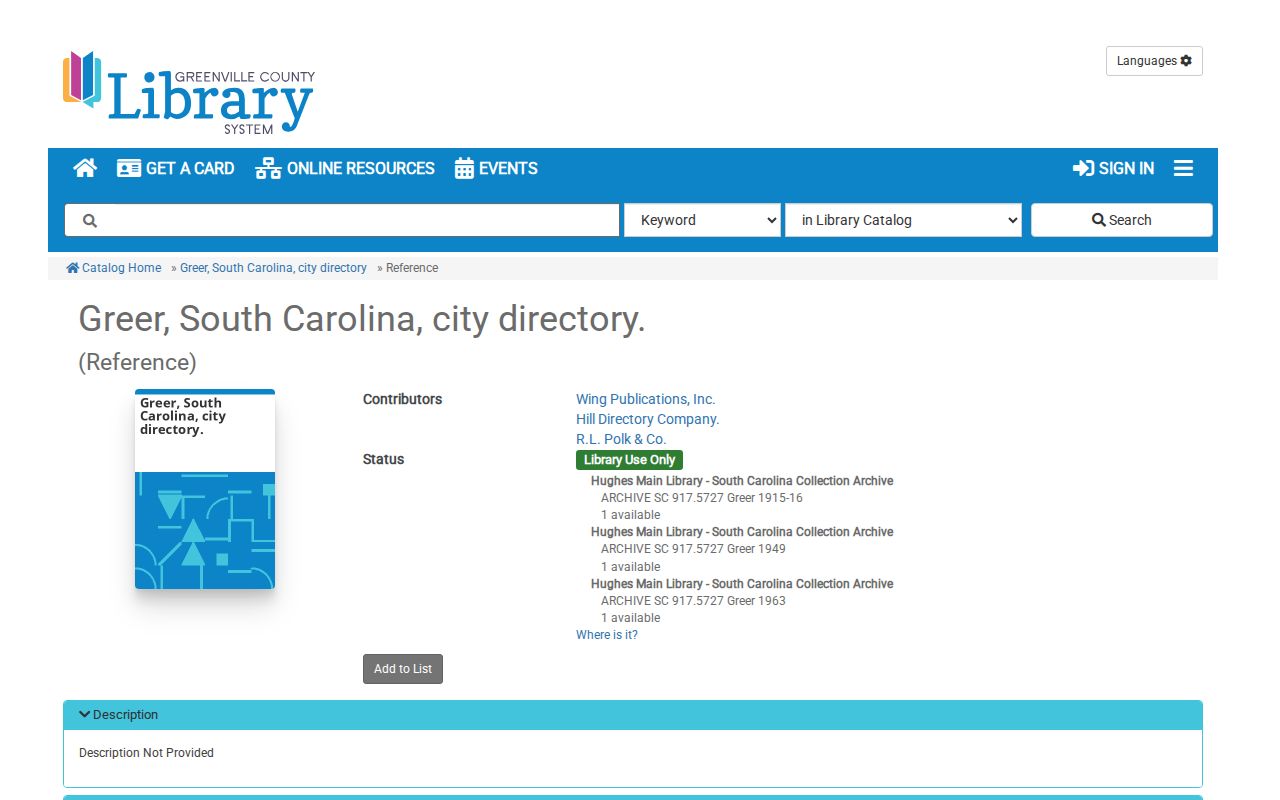 Greer city directory catalog record for archive editions