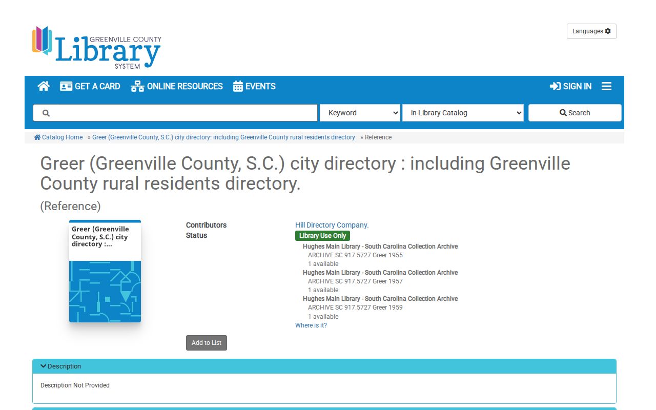 Greer city directory Hill rural residents catalog record