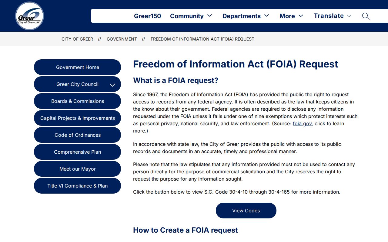 Greer residents directory City of Greer FOIA request page