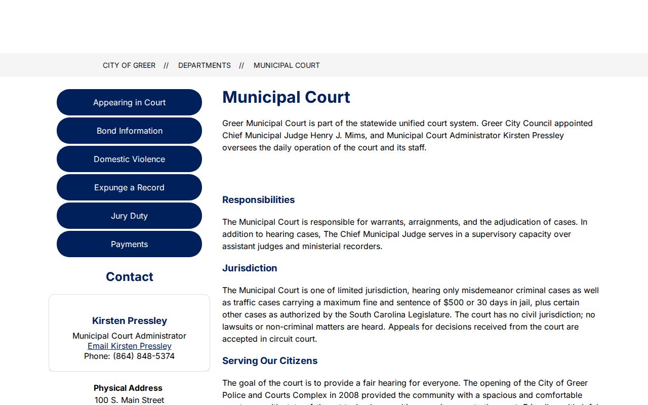 Greer resident lookup City of Greer Municipal Court information